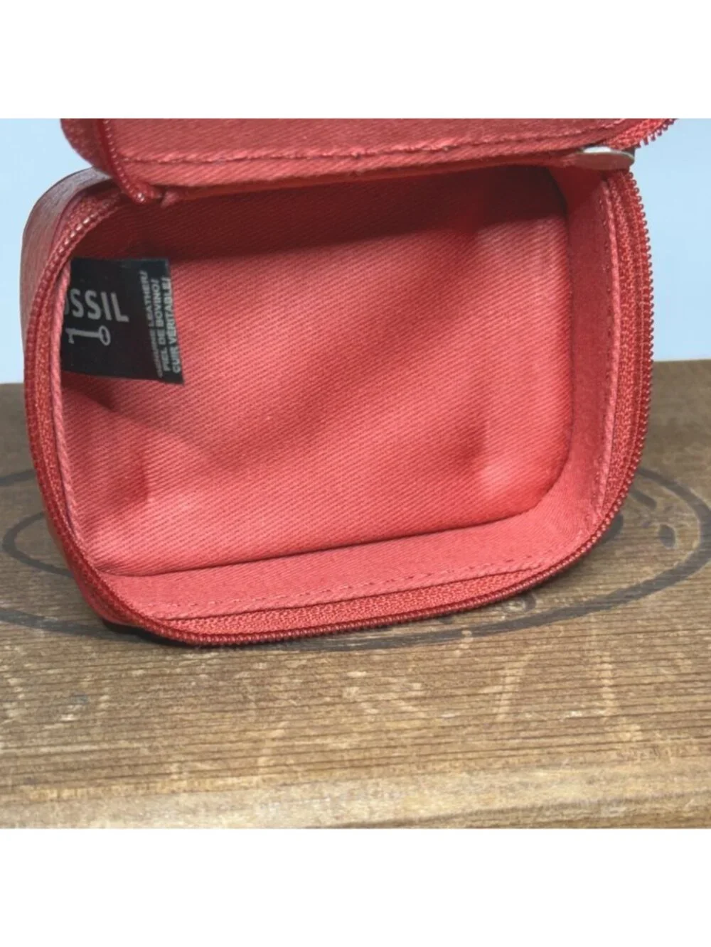 Fossil Red Leather Small Zip Around Travel Jewelry Case